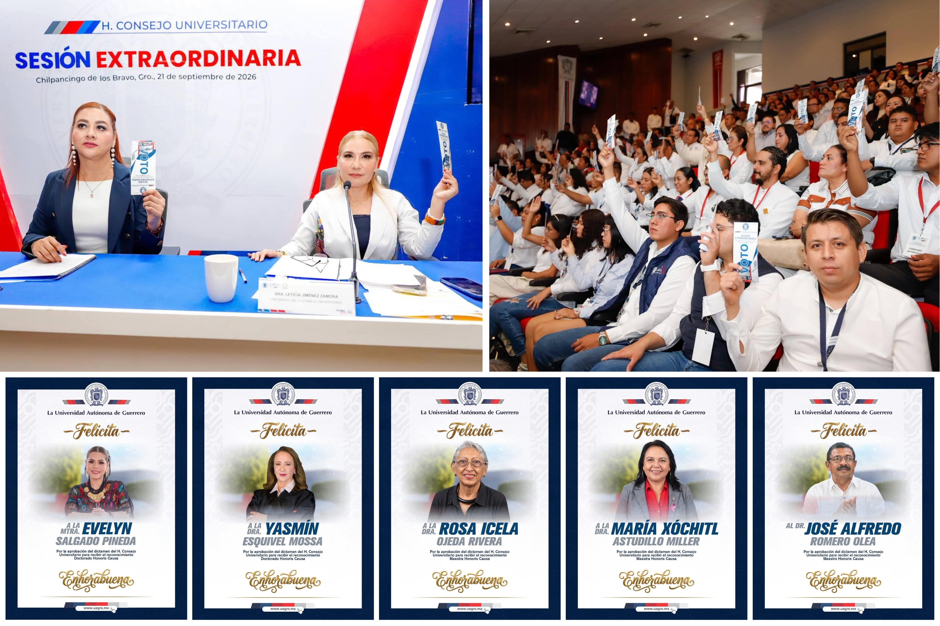 EL H. CONSEJO UNIVERSITARIO DE LA UAGRO APROBÓ OTORGAR DOCTORADOS HONORIS CAUSA A EVELYN SALGADO, YASMÍN ESQUIVEL Y JAVIER SALDAÑA POR SUS APORTES A LA JUSTICIA SOCIAL